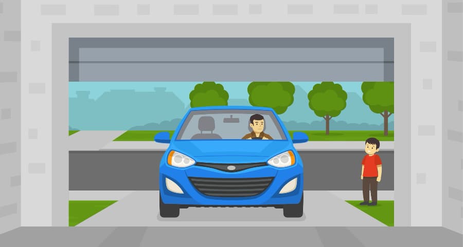 Graphic of a man driving into his garage with a child looking on.